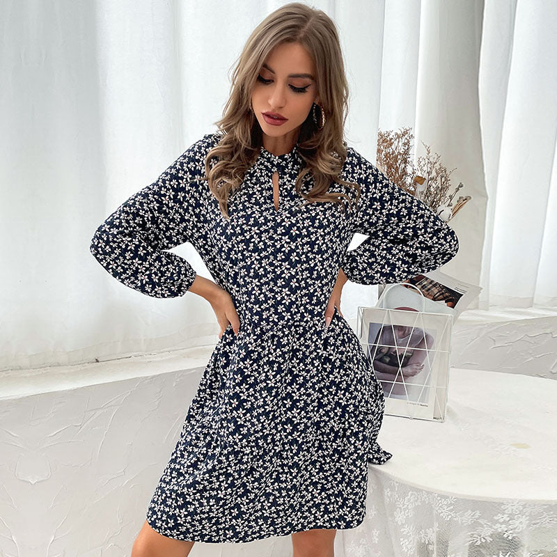 Autumn New Women's Crew-Neck Button Retro Floral Long-Sleeved Dress Short