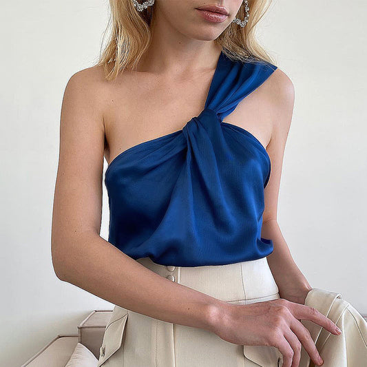 Summer With A Single Shoulder Diagonal Collar Design Sense Of Niche Ice Silk Vest Klein Blue Everything Commuter Girl