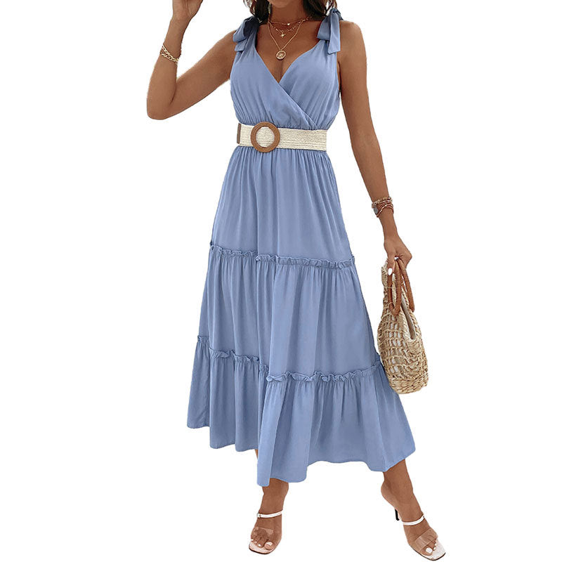 Summer New Women's Solid Color Halter High Waist Dress