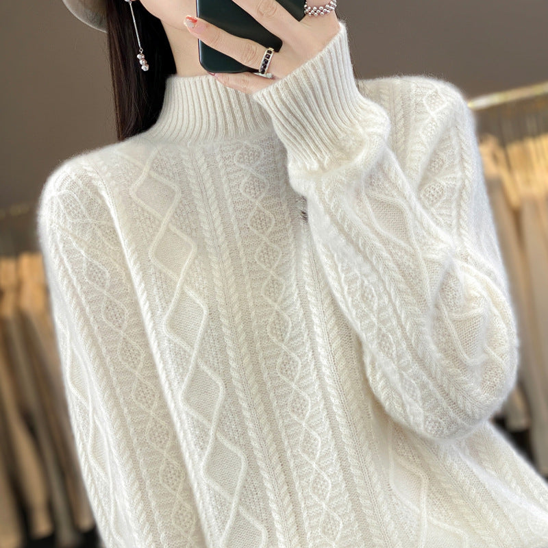 Autumn And Winter New 100% Woolen Sweater Women's Half Turtleneck Floral Thickened Sweater Set Cashmere Knitted Long-Sleeved Base Shirt