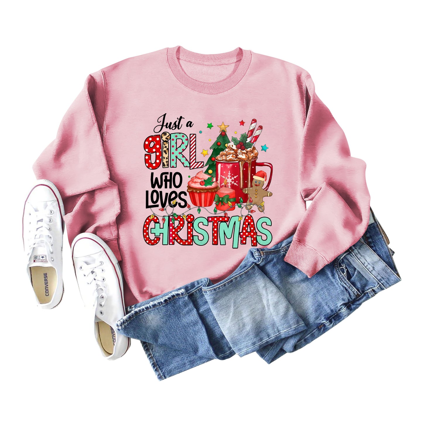 Just A Girl Who Letters Christmas Bottom Crewneck Long-Sleeved Hoodie