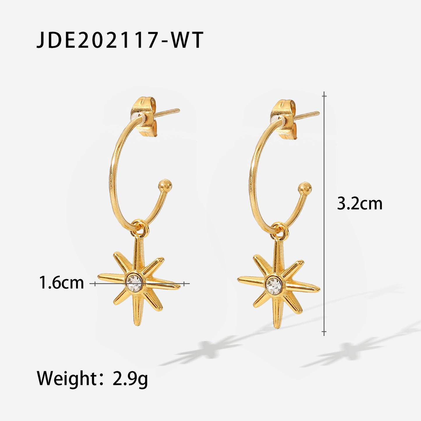 5pcs Titanium Steel Earrings Women's 18K Gold C-Shaped Hexagram Star Inlaid With White Zircon Pendant Earrings