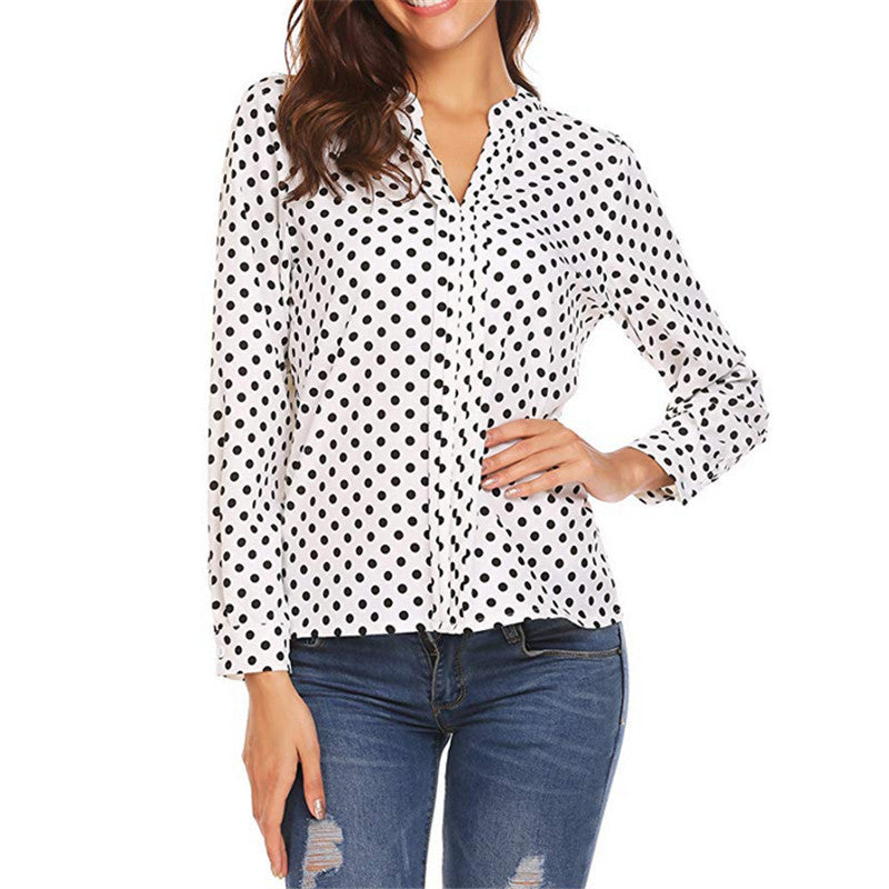 Large Size New Shirt Polka Dot Print V-Neck Long Sleeve Sleeve Loose Ladies Lining