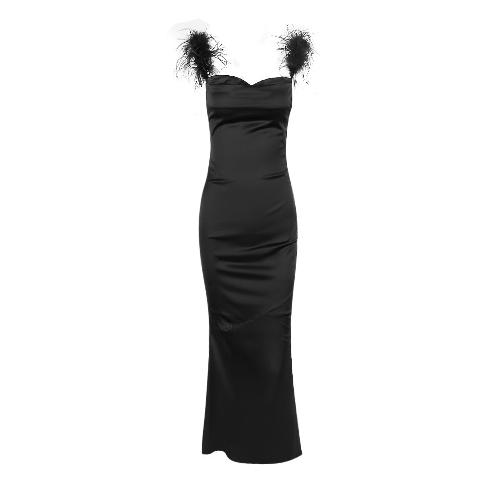 Women's New Spring True Feather Slip Dress Slim Bare Backpack Hip Long Dress Black Dress Evening Dress