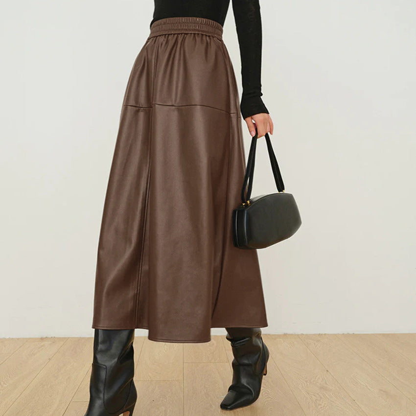 Autumn And Winter Leisure Loose Vintage Leather Skirt High Waist All Commuter Half A-Line Skirt Women