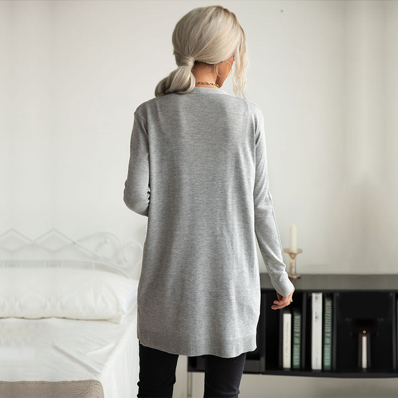 Fashion Women's Autumn Gray Long Sleeve Pit Strip Sweater Cardigan Long