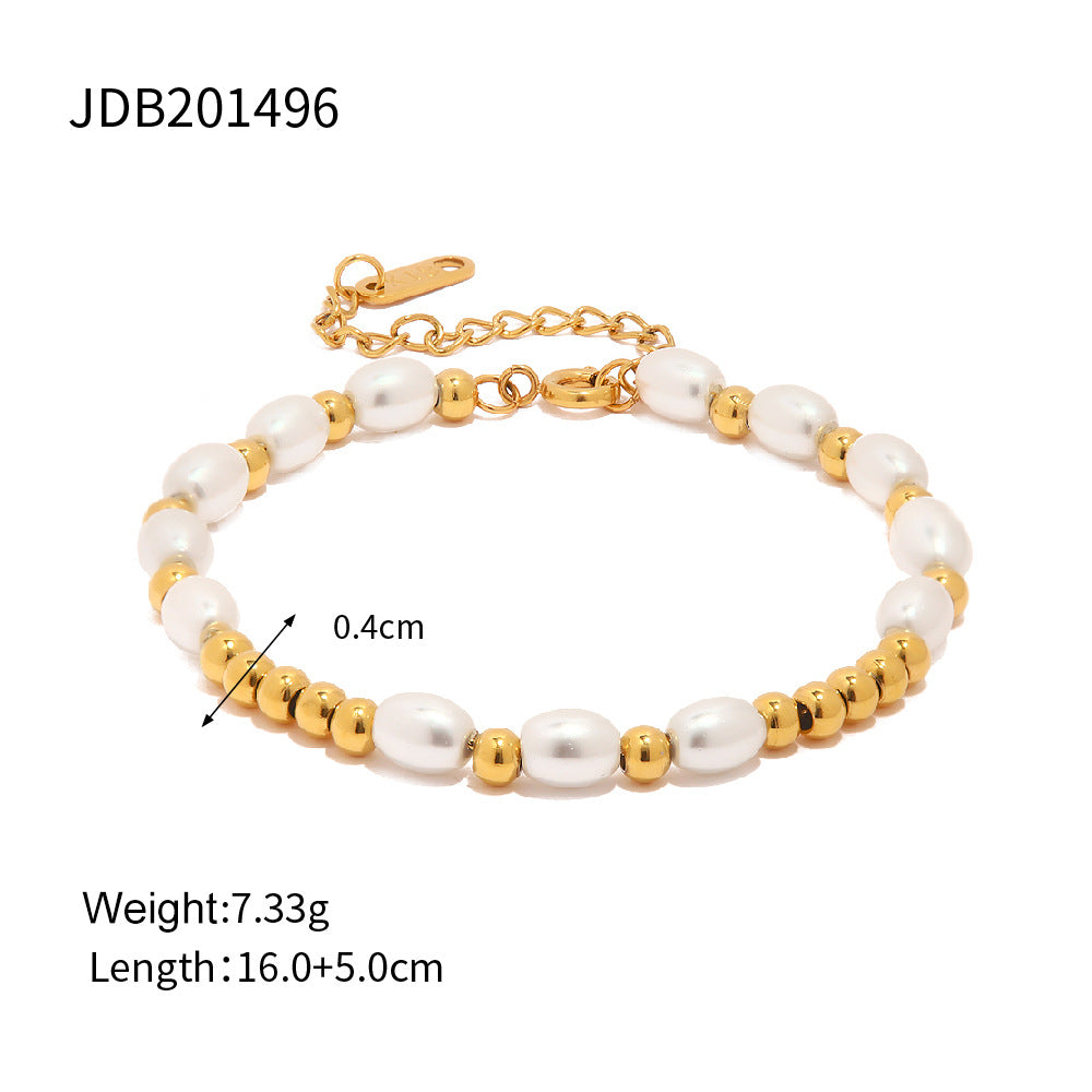 5pcs 18K Gold Bracelet Glass Pearl Rice Bead Bracelet Fashion All-Match Titanium Steel Non-Fading Bracelet Jewelry