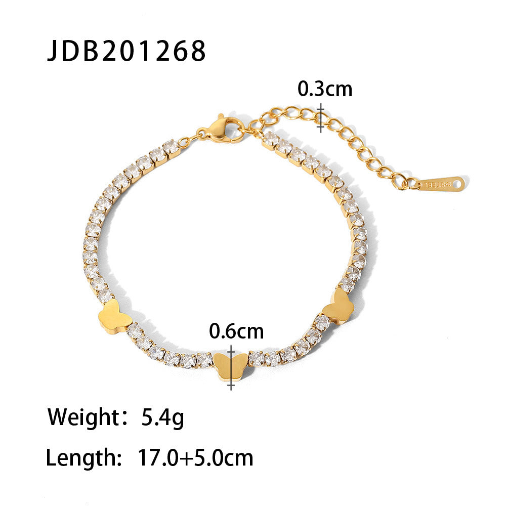 5pcs New Fashion 18K Gold-Plated Stainless Steel Butterfly Round Zircon Tennis Bracelet Bracelet Women's Accessories