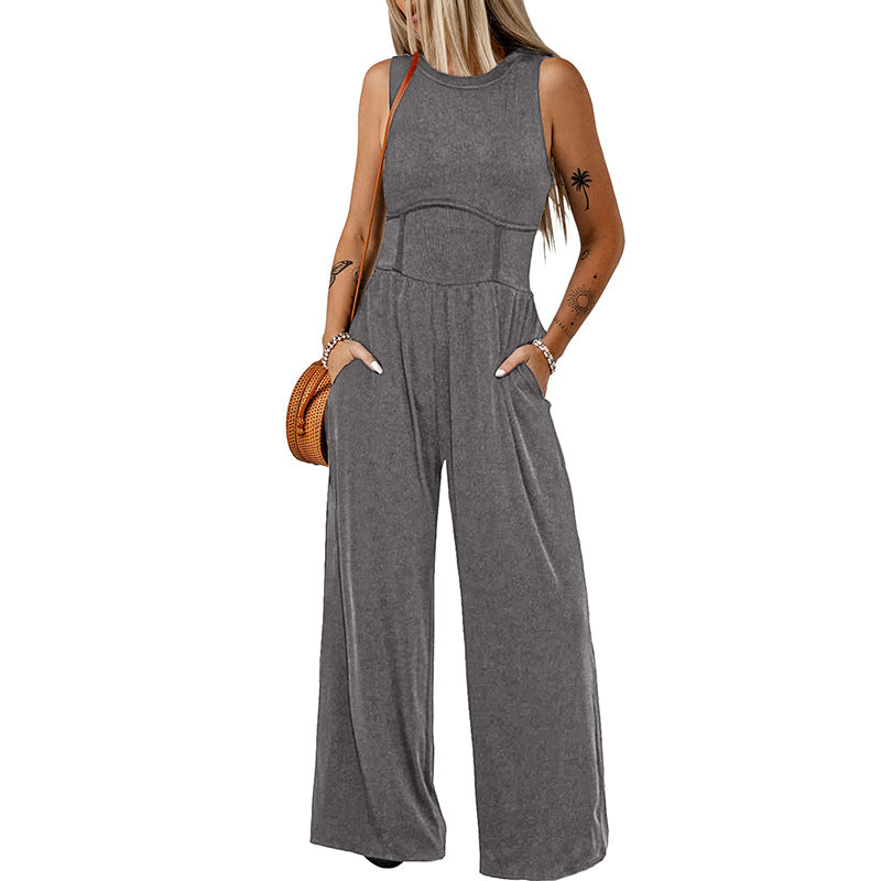 Fashion Simple Round Neck Sleeveless Jumpsuit Women Summer New Casual High Waist Wide Leg Pants Women