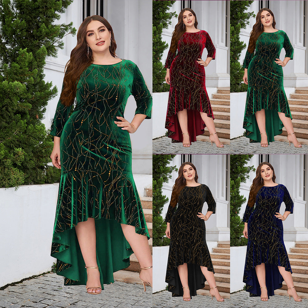 Women's Plus Size Seven Quarter Sleeve Mermaid High And Low Hem Ultra Long Velvet Formal Jumpsuit