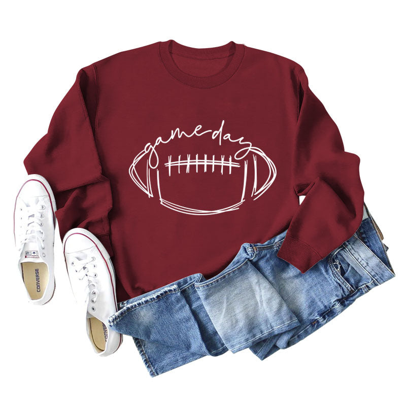 Game Day Rugby Letter-Printed Crew-Neck Fashion Long-Sleeved Hoodie With Base