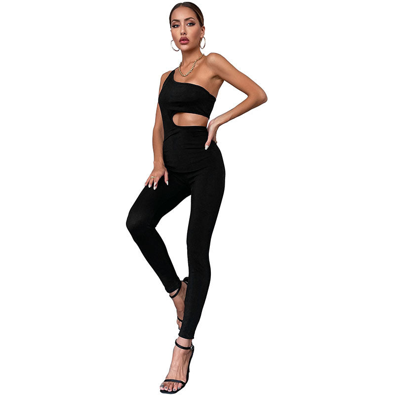 New Women's Black Hollowed-Out One-Shoulder Bare Shoulder Solid Color Jumpsuit