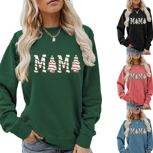 Fashion Crew-Neck Hoodie Mama Letter Christmas Tree Long Sleeve Blouse