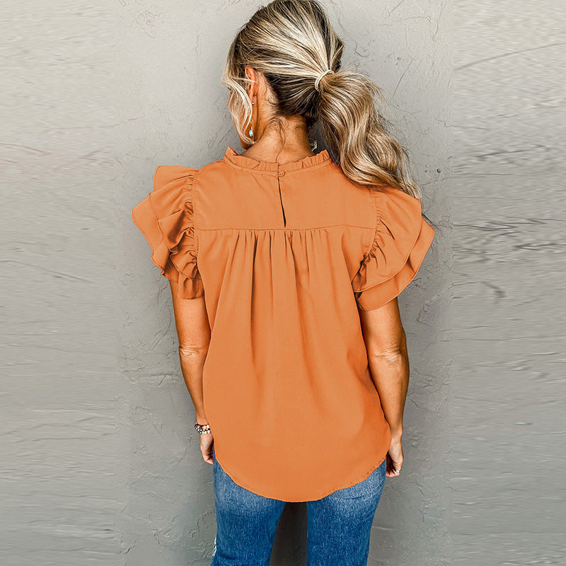 Summer New Fashion Pleated Stand Collar Pullover Women's Casual Solid Color Ruffled Edge Three-Quarter Sleeve Top