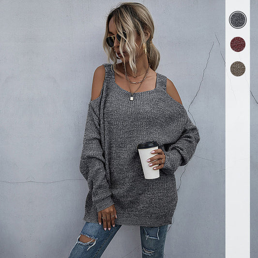 Autumn Solid Color Knitted Square Neck Off-Shoulder Bottom Sweater Women Long Sleeves In Autumn Women's