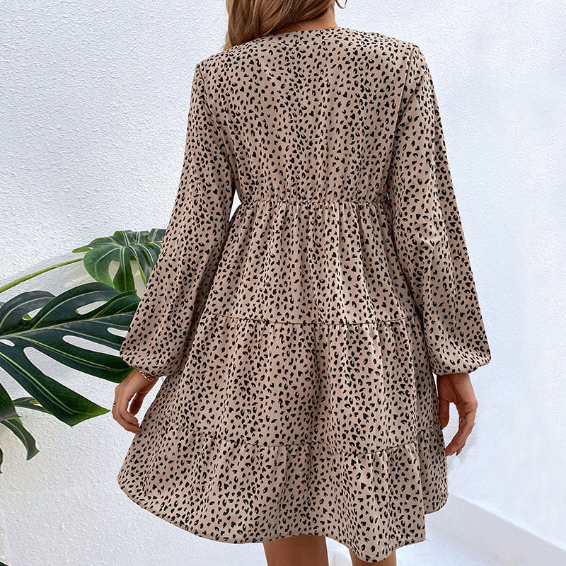 Spring Women's Dress New Wrinkles Leopard Long-Sleeved Dress