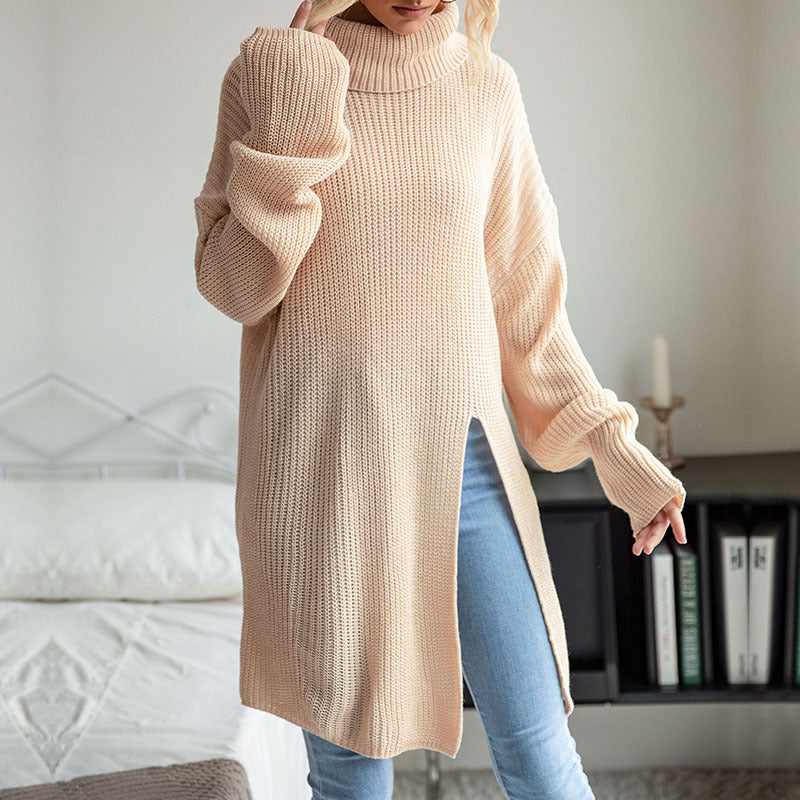 New Autumn And Winter Fashion Women's Solid Color Slit Long-Sleeved Turtleneck Sweater Dress