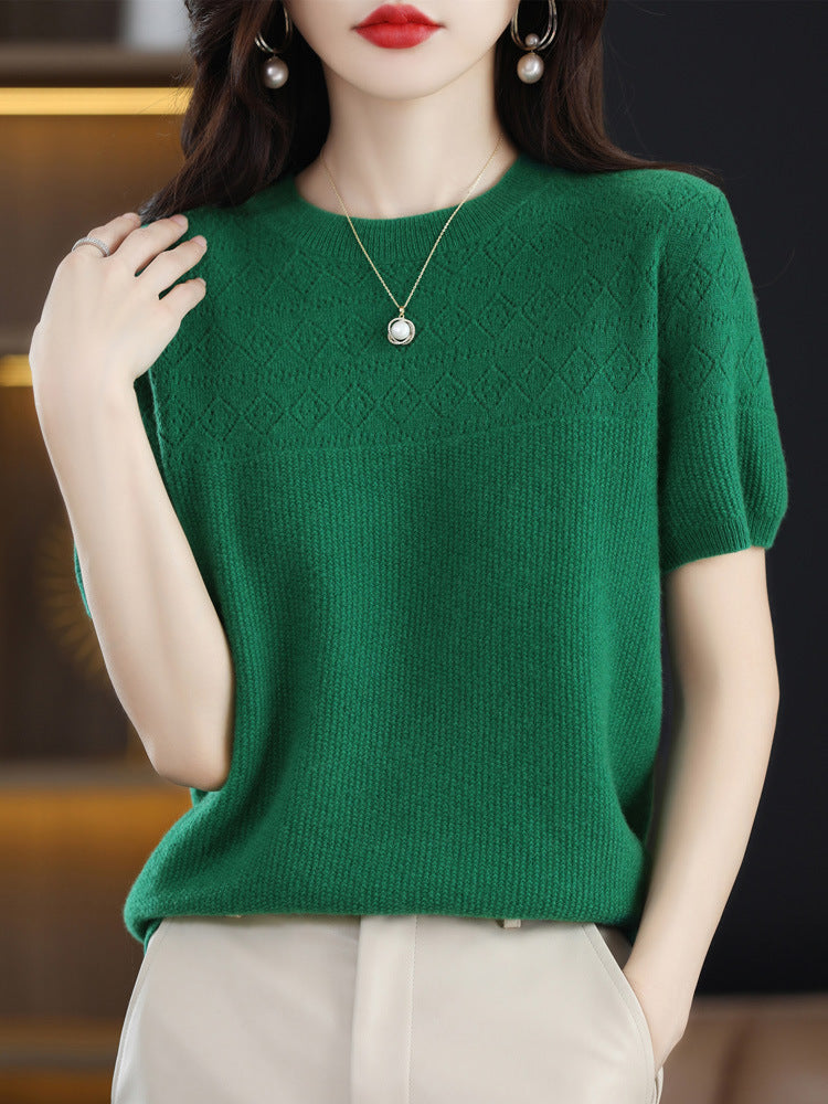 Summer New 100 Knitwear Short Sleeve T-Shirt Women's Round Neck Half Sleeve Thin Hollow Short Top Knitwear