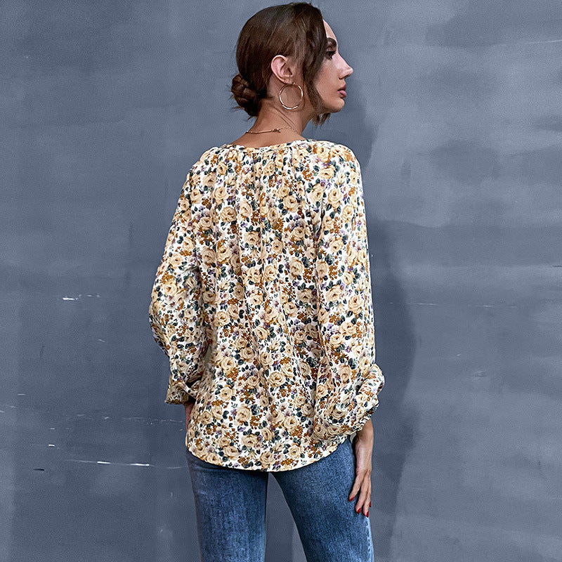 Early Autumn Holiday Fashion Women's Loose V-Neck Long-Sleeved Floral Shirt