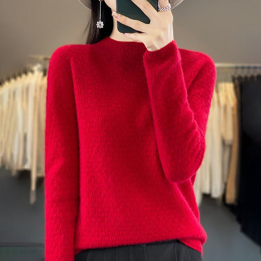 Autumn And Winter Knitted Pure Woolen Sweater Female Half Turtleneck Hollowed Out Loose Pullover Sweater Slimming Top Base Shirt