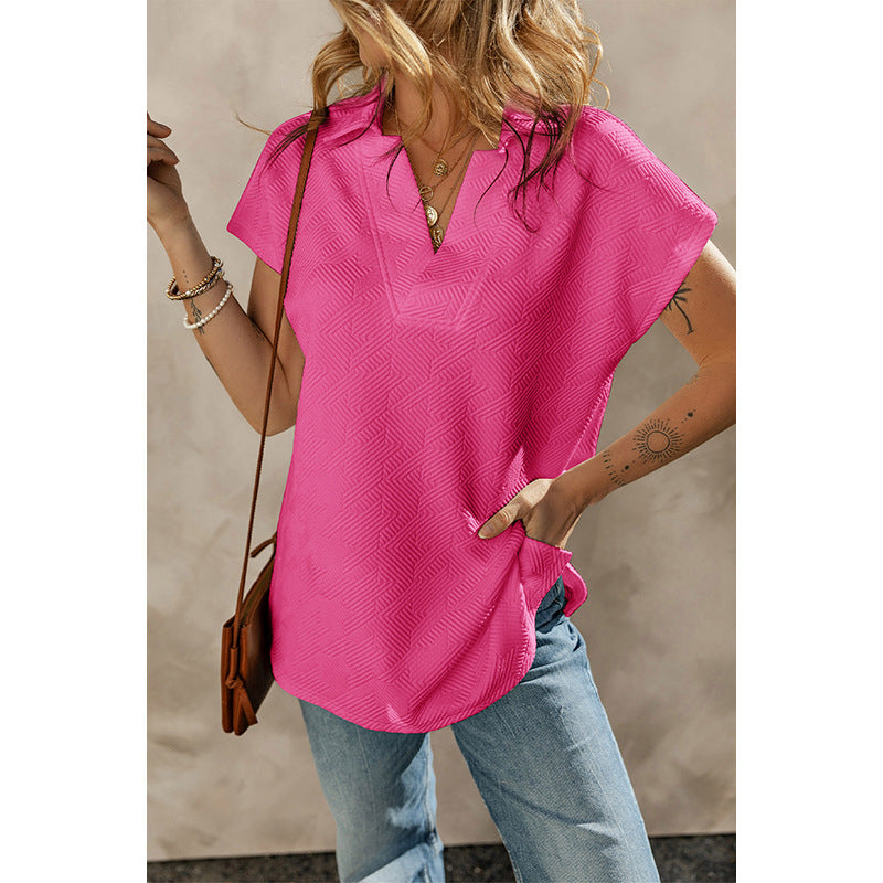 Summer New Solid Color V-Neck Short-Sleeved T-Shirt Women Fashion Personality Under The Spread Fork Jumper Woman