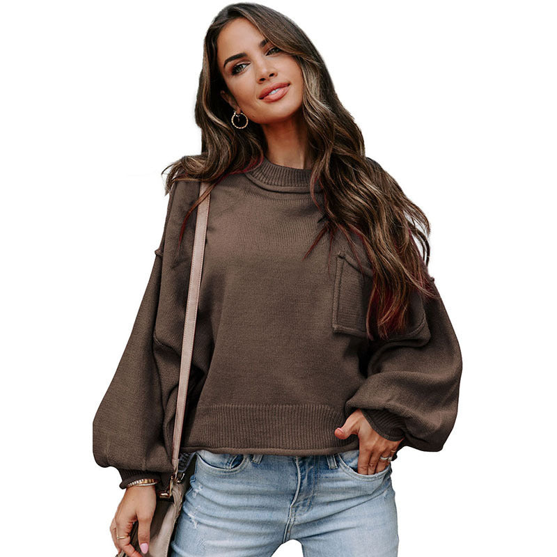 Autumn New Solid Color Furred Edge Pocket Long Sleeve Top Women Casual Style Pullover Sweater Woman