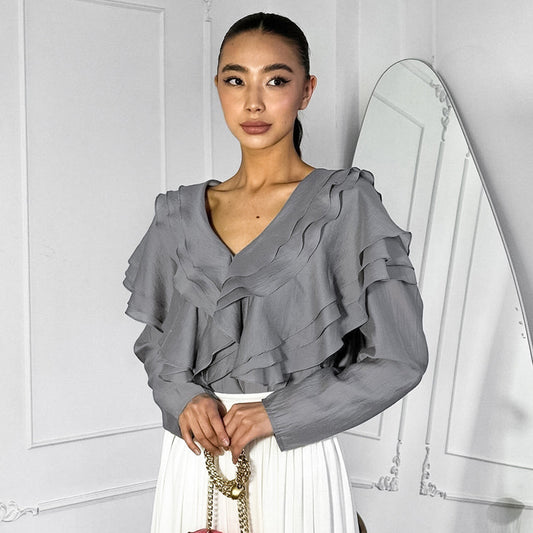 Sexy V-Neck Layered Ruffled Loose Gauze Women's Shirt New Spring Fashion Woman