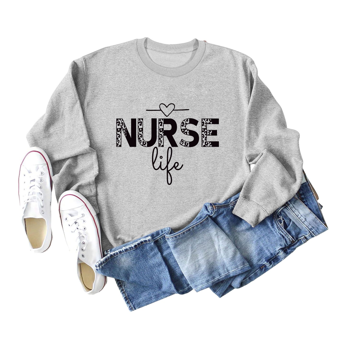 Pullover Crew Neck Top Long Sleeve Nurse Life Print Loose Hoodie