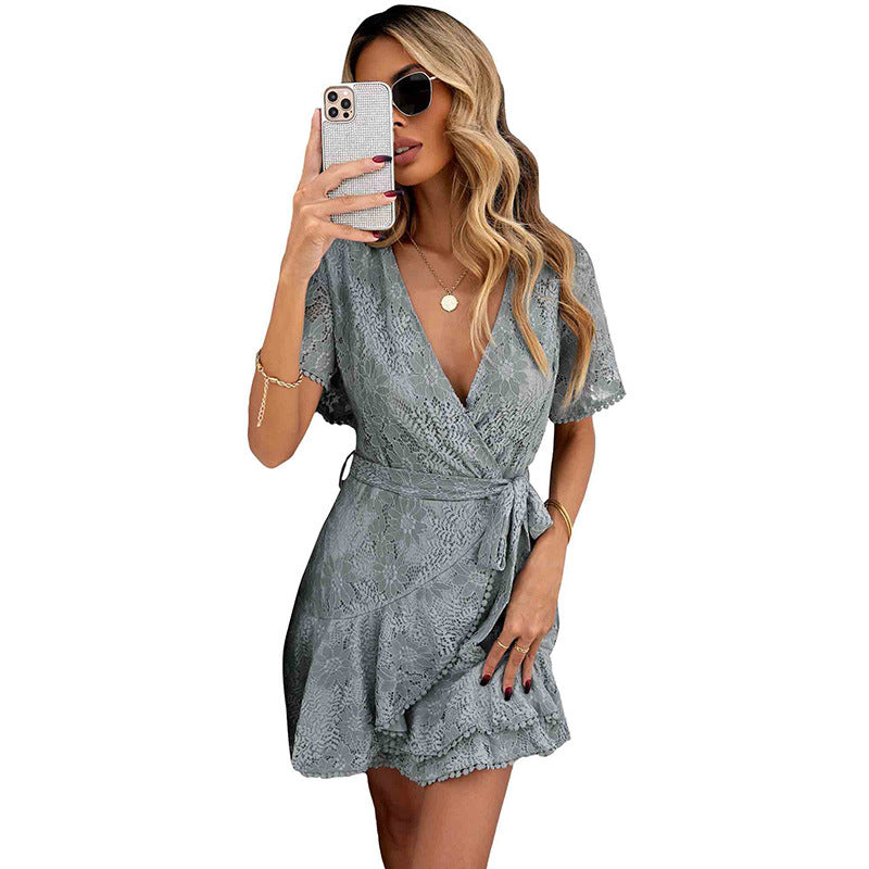 Thin Belt Waist Slimming Dress Female Slim Short Sleeve Deep V Lace Knee-Length Skirt