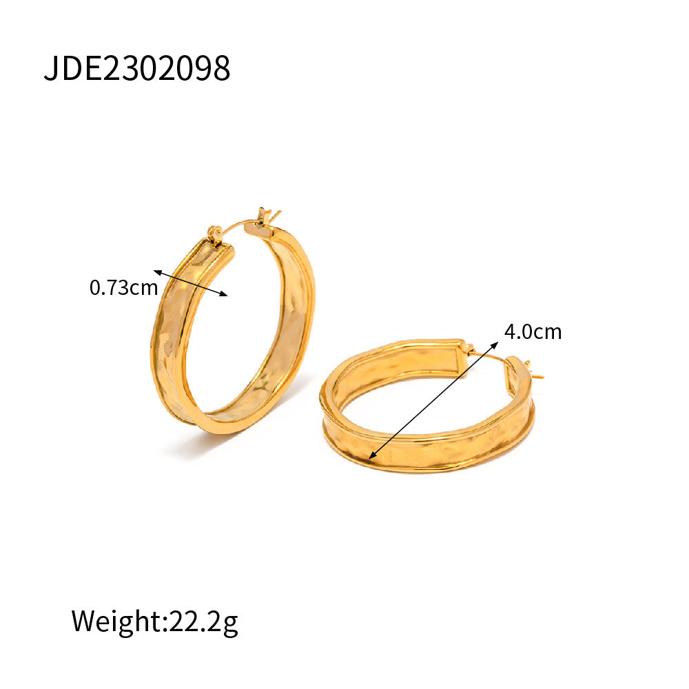 5pcs Earrings 18K Gold Recessed Grain Hammer Large Circle Stainless Steel Earrings Do Not Fade Women's Earrings