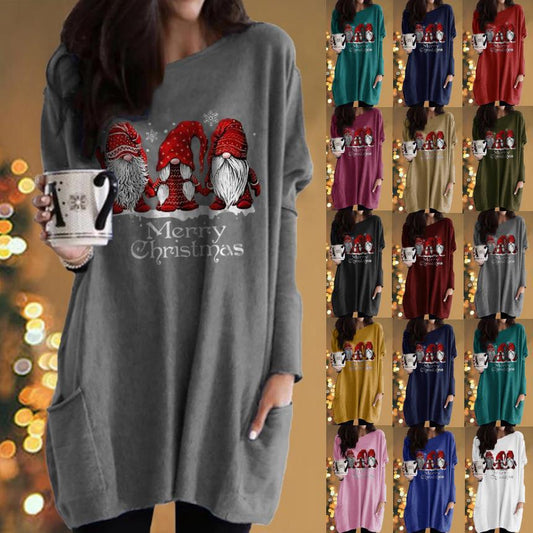 Santa Claus Printed Long Sleeve Pocket Round Neck T-Shirt Dress