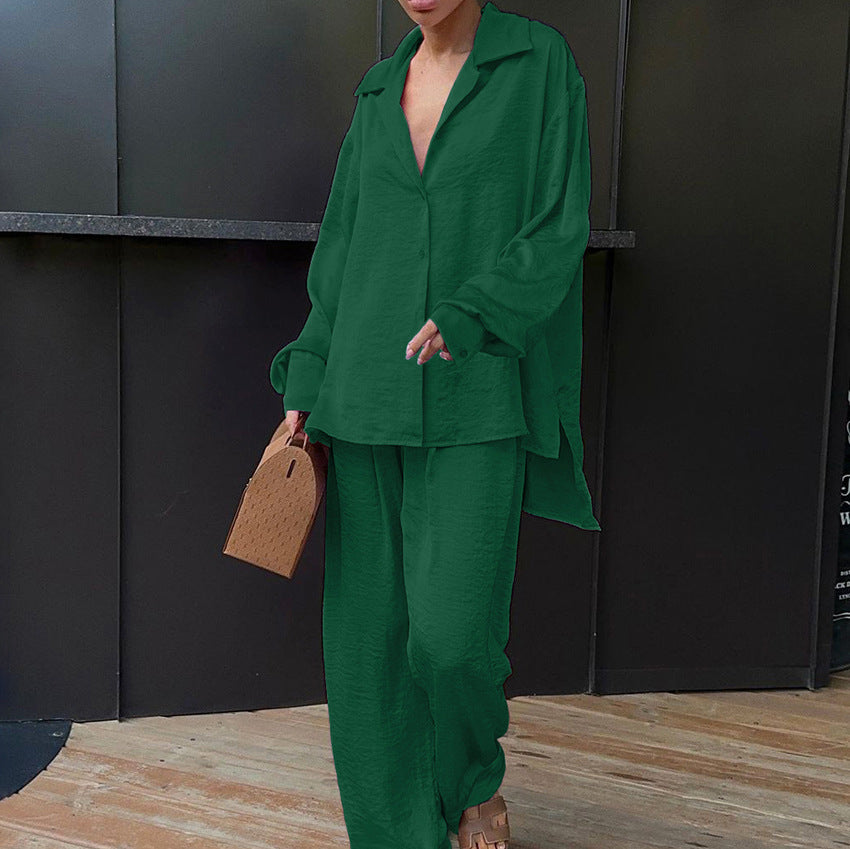 Green Crepe Suit Collar Slit Loose Fashion Suit New Fall Fashion Two-Piece Set