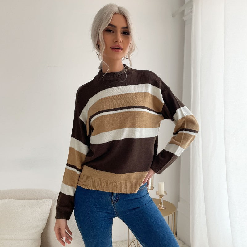 Women's Patchwork Color Contrast Long-Sleeved Half-Turtleneck Sweater