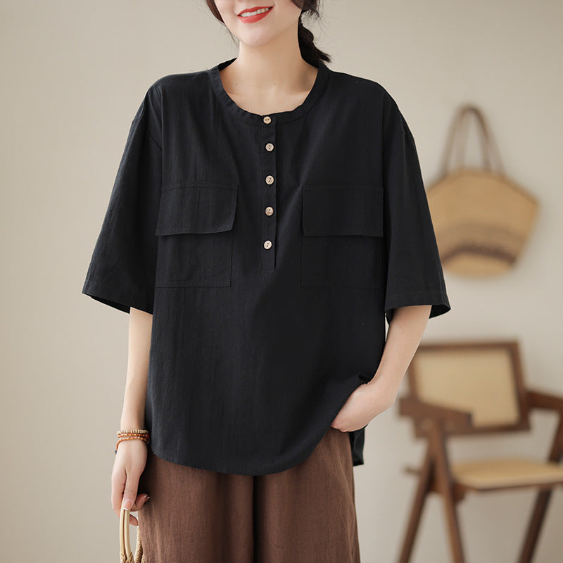 Linen Shirt Woman Summer Collar Large Size Loose Casual Shirt Short Sleeve Blouse Fat T-Shirt Woman