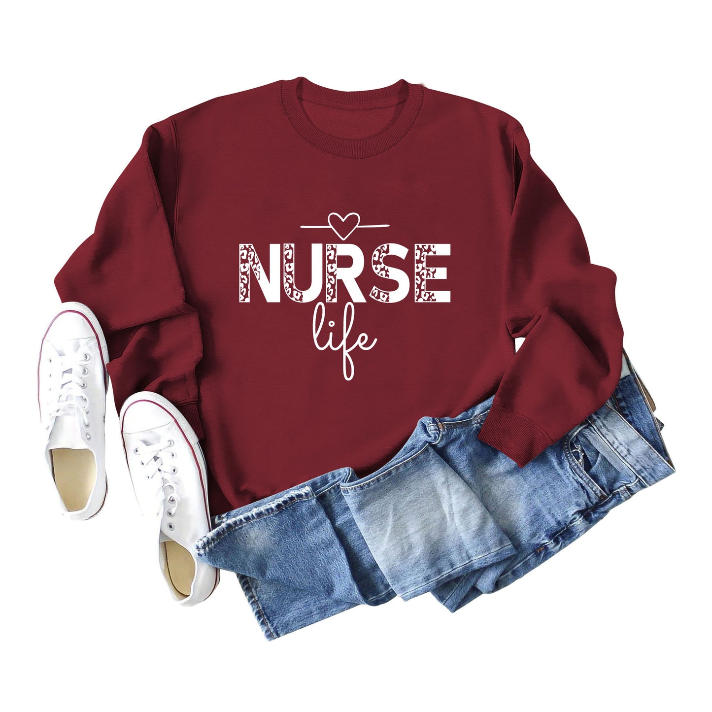 Pullover Crew Neck Top Long Sleeve Nurse Life Print Loose Hoodie