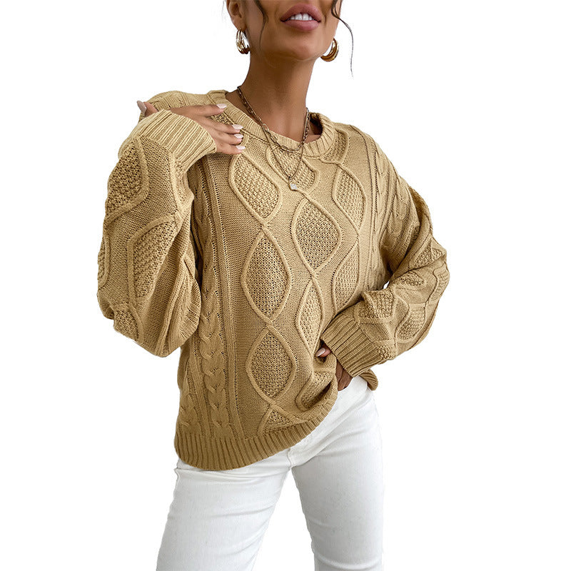 Fashion Women's Casual Solid Color Long Sleeve Jacquard Crewneck Sweater Woman