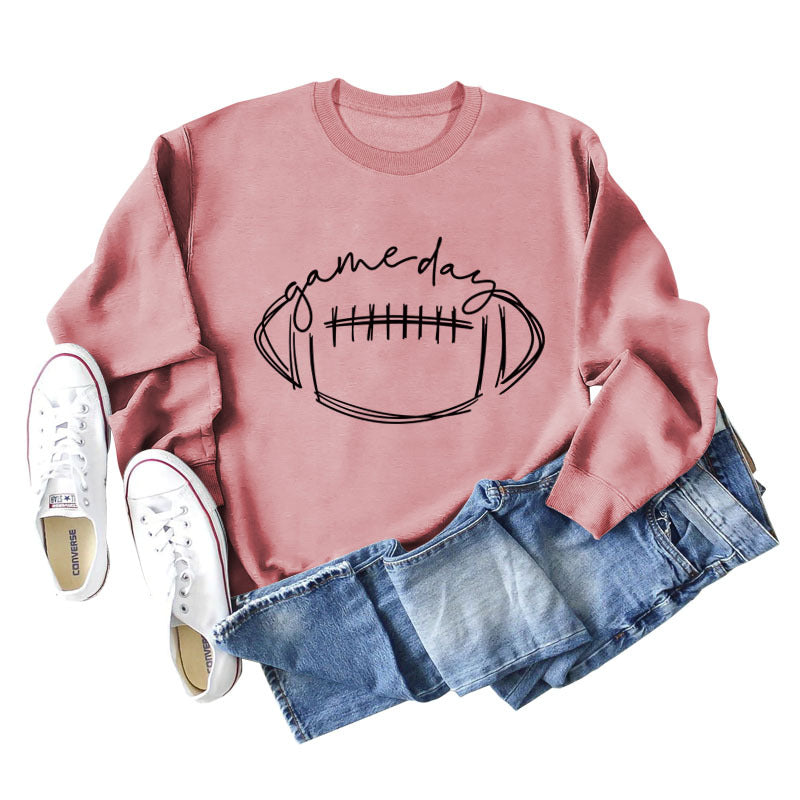 Game Day Rugby Letter-Printed Crew-Neck Fashion Long-Sleeved Hoodie With Base