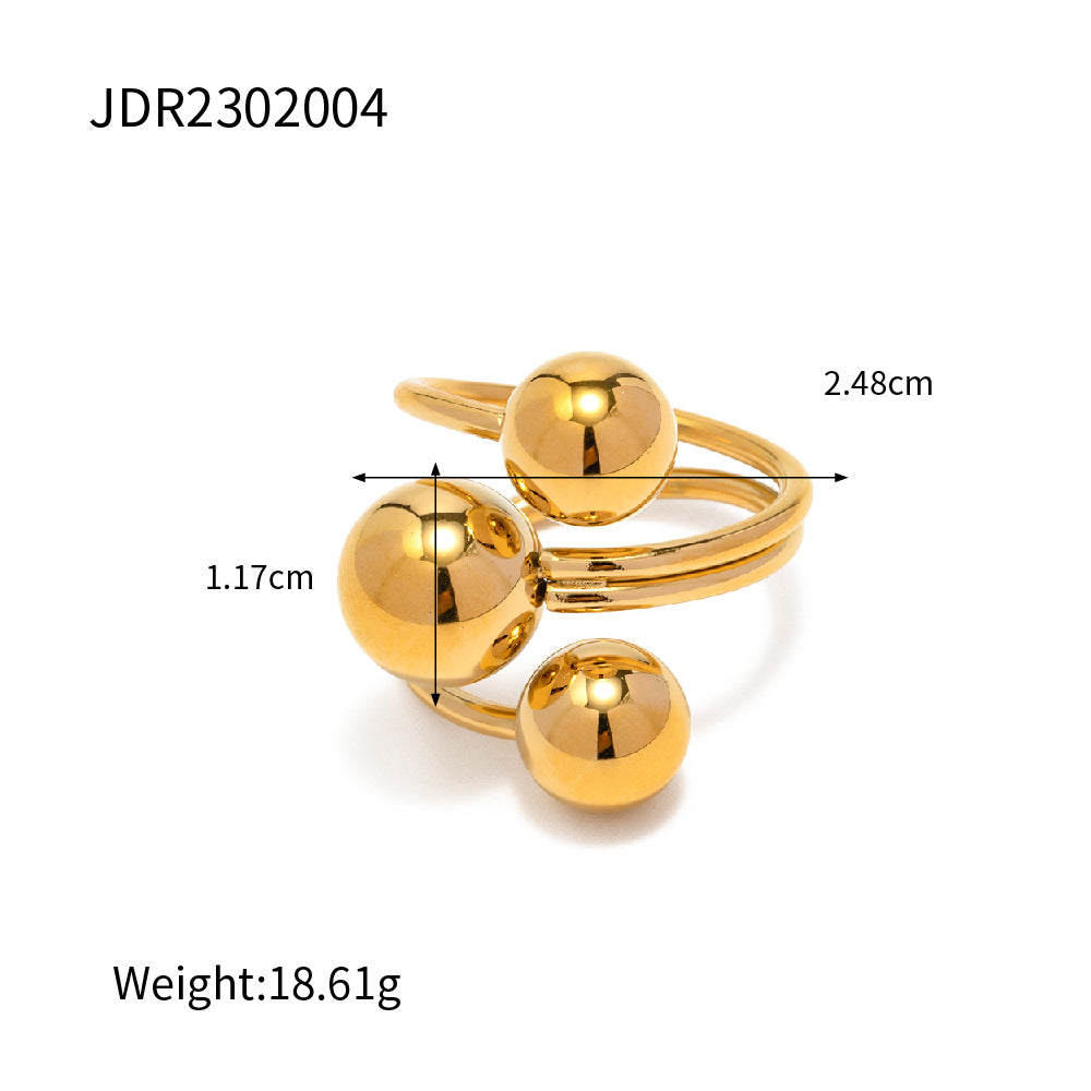 5pcs Non-Fading 18K Gold Stainless Steel Exaggerated Three Spherical Open Ring Fashion Personality Trendy