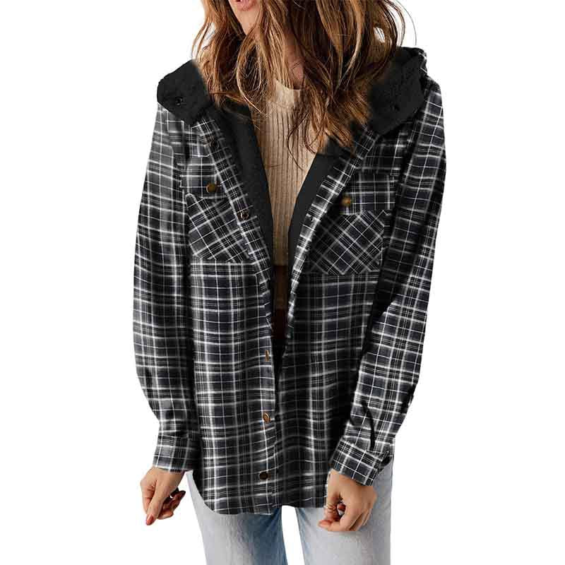 Winter New Casual Plaid Hooded Coat Woman Thick Plus Fleece Warm Jacket Woman