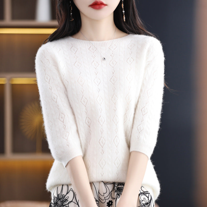 New Spring And Summer Round Neck 100 Knitwear Women Hollow Half Sleeve Bottom Top Knitting