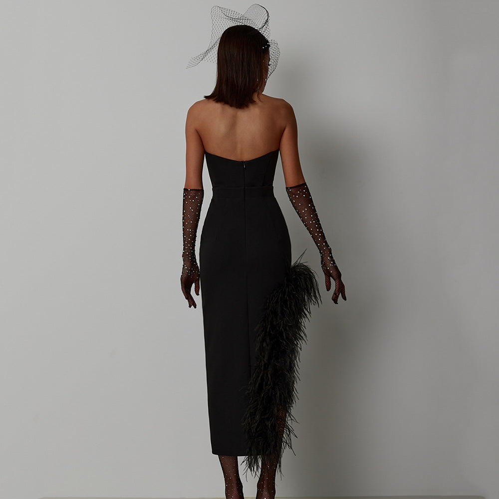 Sexy Stretch Party Mid-Length Dress With Split Chest Top Side Feather Bandage