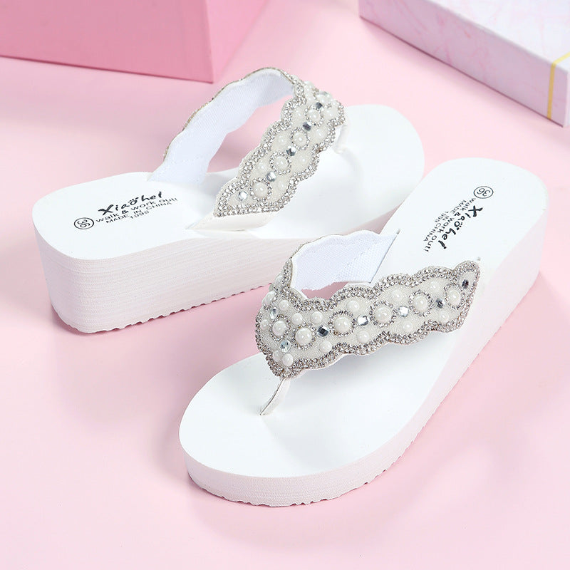 Women's Slippers Summer Breathable Pearl Flip-Flops Wear Stylish Eva Wedges With Clip-On Beach Vacation Flip-Flops