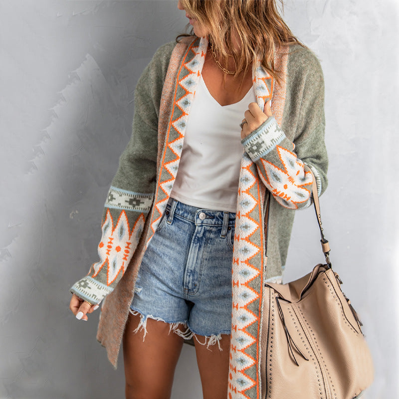 Autumn And Winter New National Style Printed Cardigan Knitted Coat Female Autumn And Winter New Cardigan Top