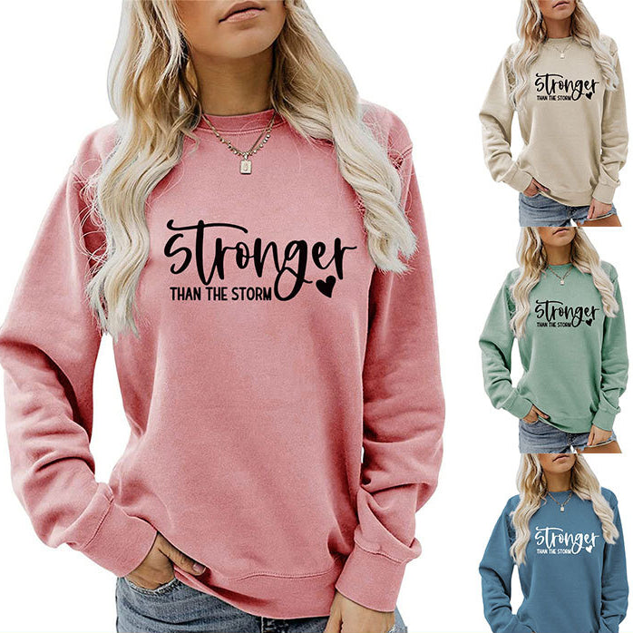 Autumn And Winter New Stronger Than The Storm Printed Crew-Neck Hoodie With Long Sleeves