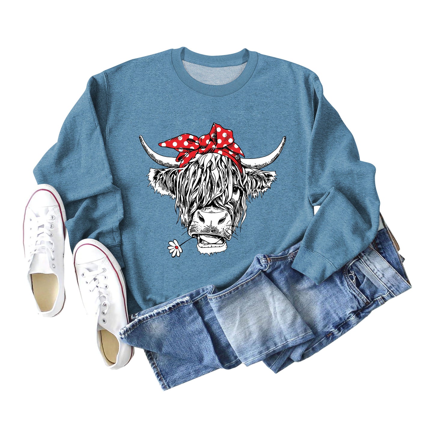 Casual Long Sleeve Crewneck Red Bow Cow Fun Print Loose Women's Hoodie