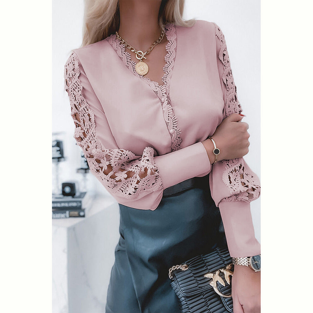 Lace Hollowed-Out Long Sleeve Top Women's Spring New Solid Color Professional V-Neck Chiffon Shirt