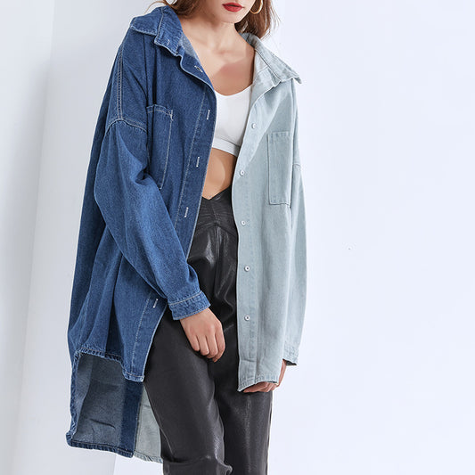 Spliced Denim Shirt Spring New Fashion Temperament Casual Lapel Single-Breasted Design Loose Plus Size Shirt