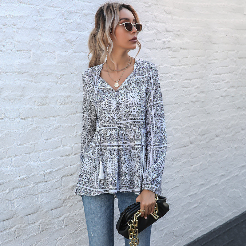 Retro Top V-Neck Fringe Sleeve Long-Sleeve Printed Shirt