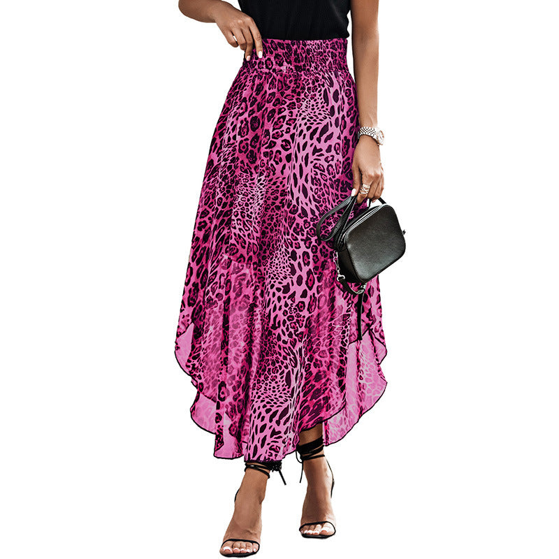 Summer Long Skirt Women Draw Pleated Waist Leopard-Print Skirt Women Hot Sell Side Slit High-Waisted Chiffon Long Skirt