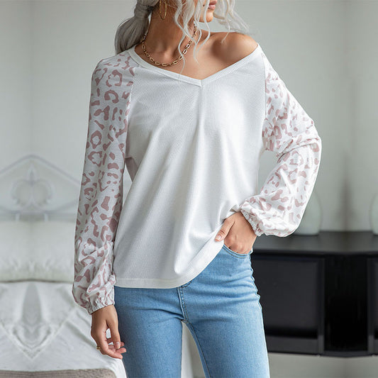 Early Autumn Casual Women's Fashion Long-Sleeved Leopard V-Neck Knitwear Female Autumn